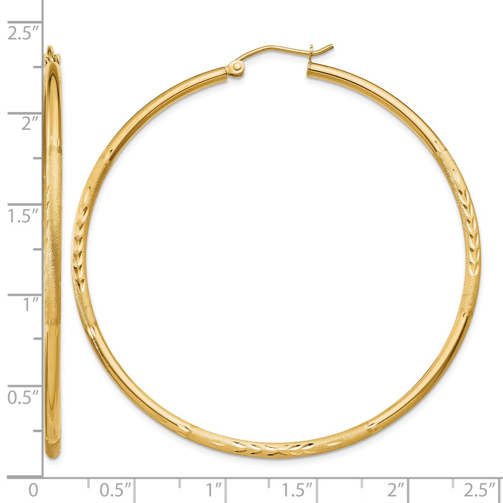 14k Satin and Diamond-cut 2mm Round Tube Hoop Earrings