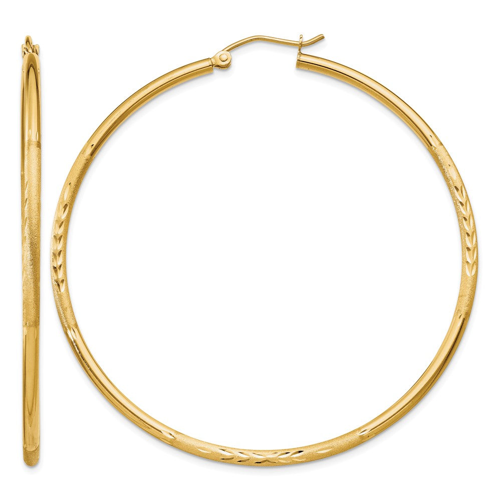 14k Satin and Diamond-cut 2mm Round Tube Hoop Earrings