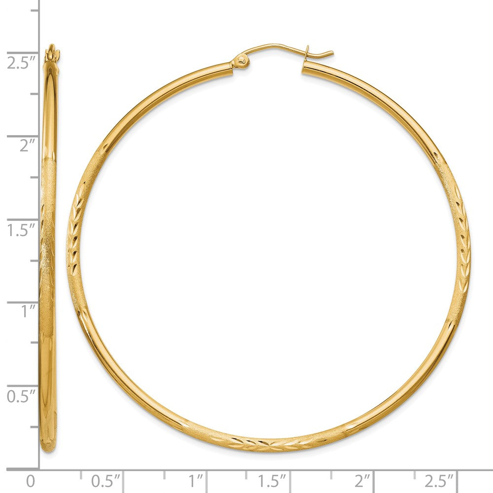 14k Satin and Diamond-cut 2mm Round Tube Hoop Earrings