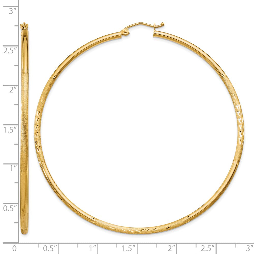 14k Satin and Diamond-cut 2mm Round Tube Hoop Earrings