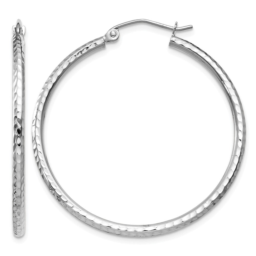 14k White Gold Diamond-cut 2mm Round Tube Hoop Earrings