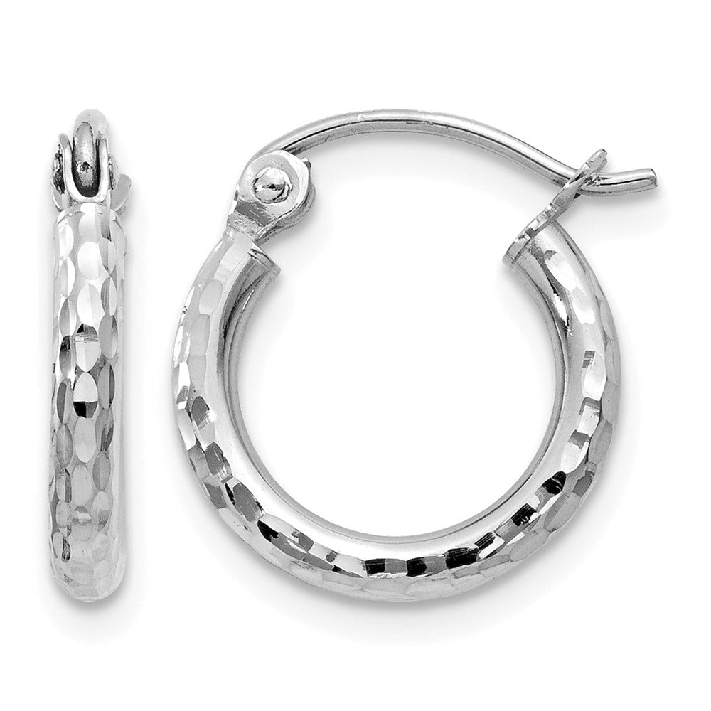 14k White Gold Diamond-cut 2mm Round Tube Hoop Earrings