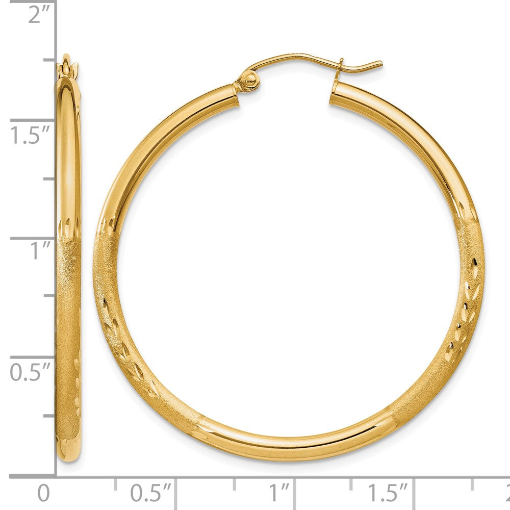 14k Satin and Diamond-cut 2.5mm Round Hoop Earrings