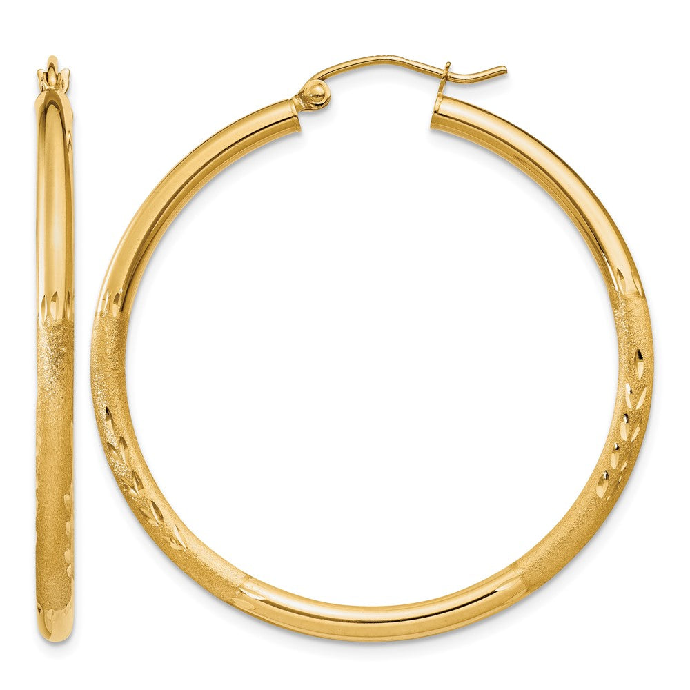 14k Satin and Diamond-cut 2.5mm Round Hoop Earrings