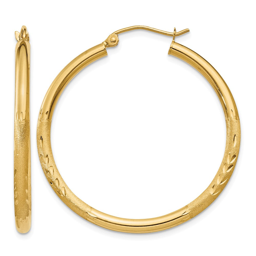 14k Satin & Diamond-cut 2.5mm Round Hoop Earrings