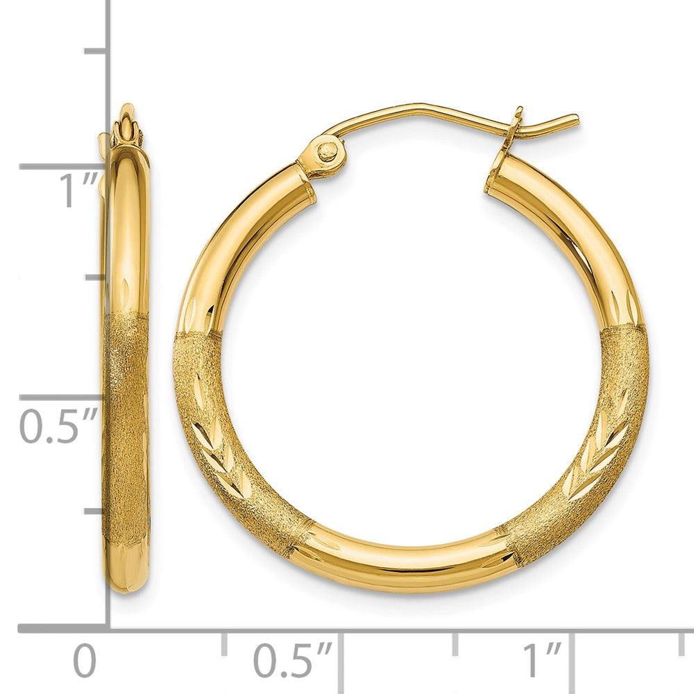 14k Satin and Diamond-cut 2.5mm Round Hoop Earrings