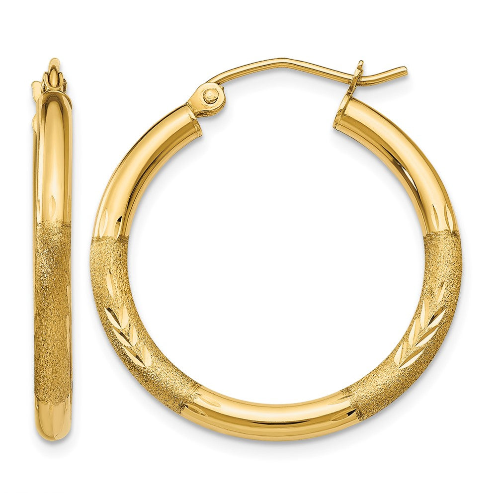 14k Satin and Diamond-cut 2.5mm Round Hoop Earrings