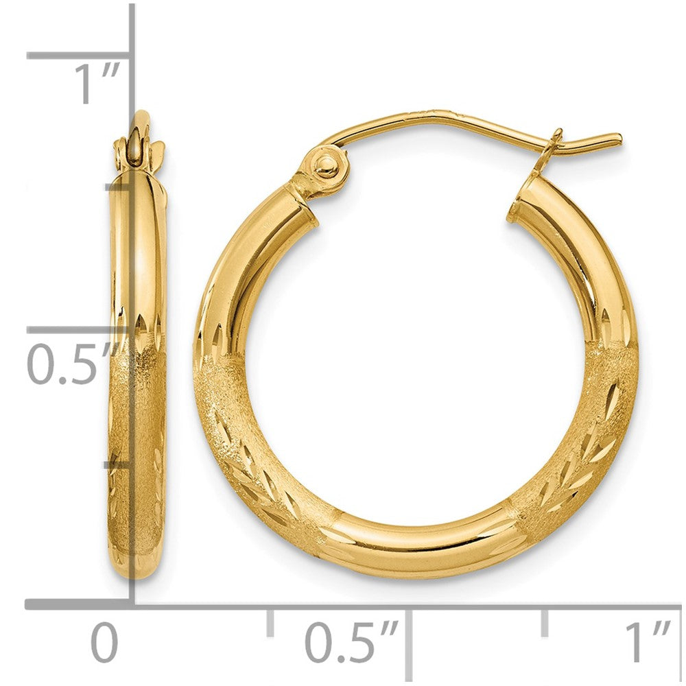 14k Satin and Diamond-cut 2.5mm Round Hoop Earrings