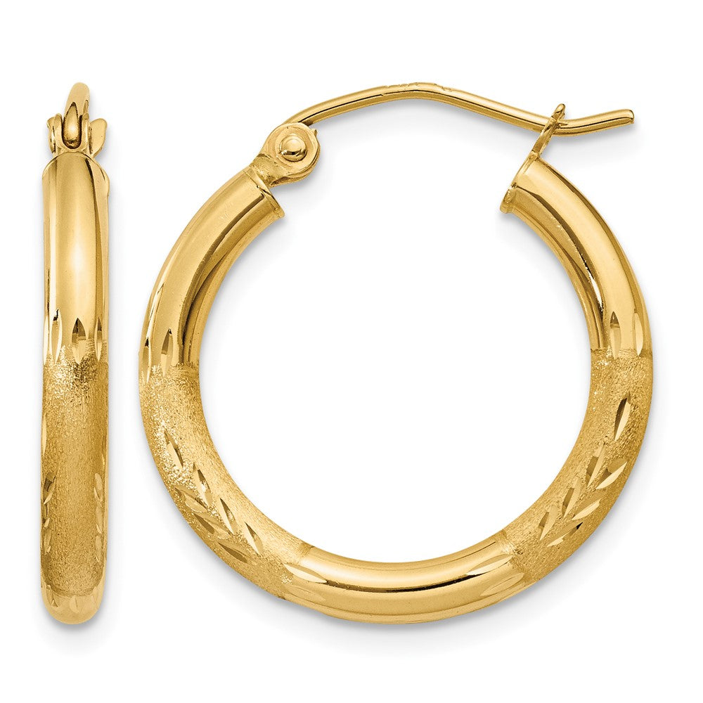 14k Satin and Diamond-cut 2.5mm Round Hoop Earrings