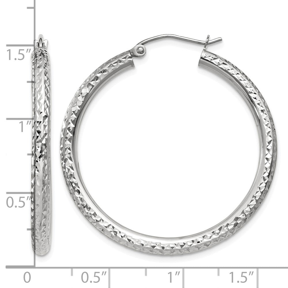 14k White Gold Diamond-cut 3mm Round Hoop Earrings