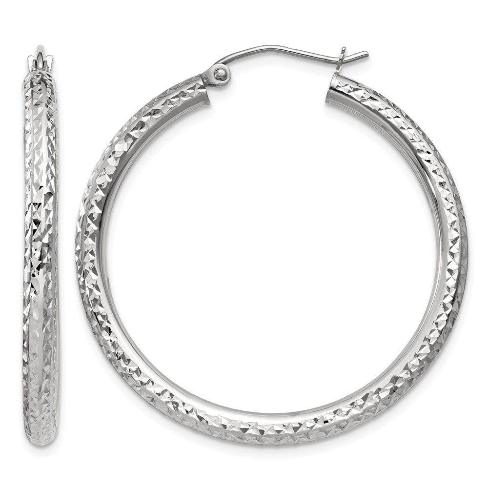 14k White Gold Diamond-cut 3mm Round Hoop Earrings
