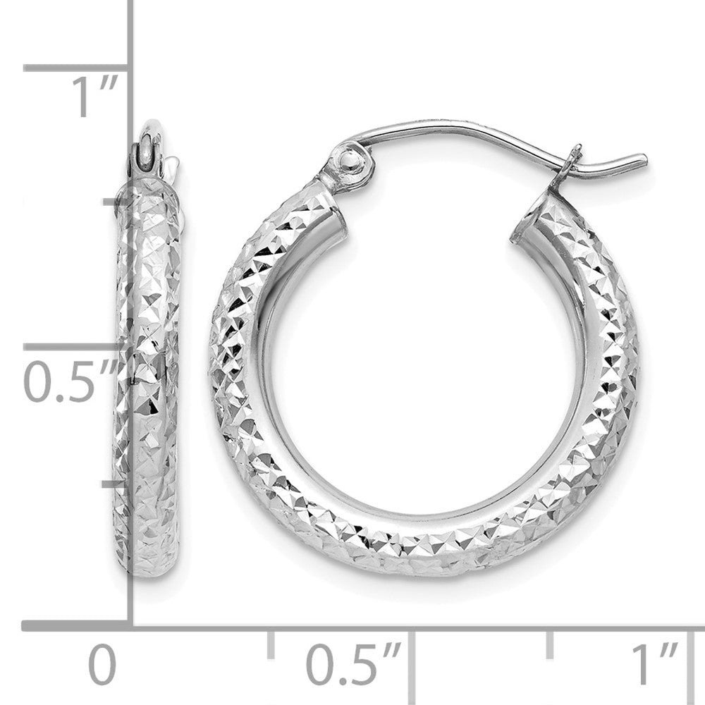 14k White Gold Diamond-cut 3mm Round Hoop Earrings