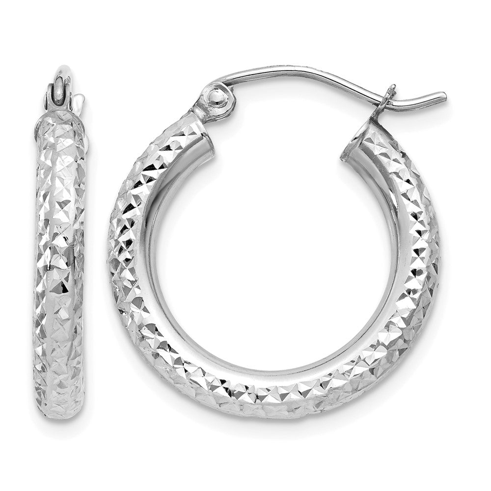 14k White Gold Diamond-cut 3mm Round Hoop Earrings