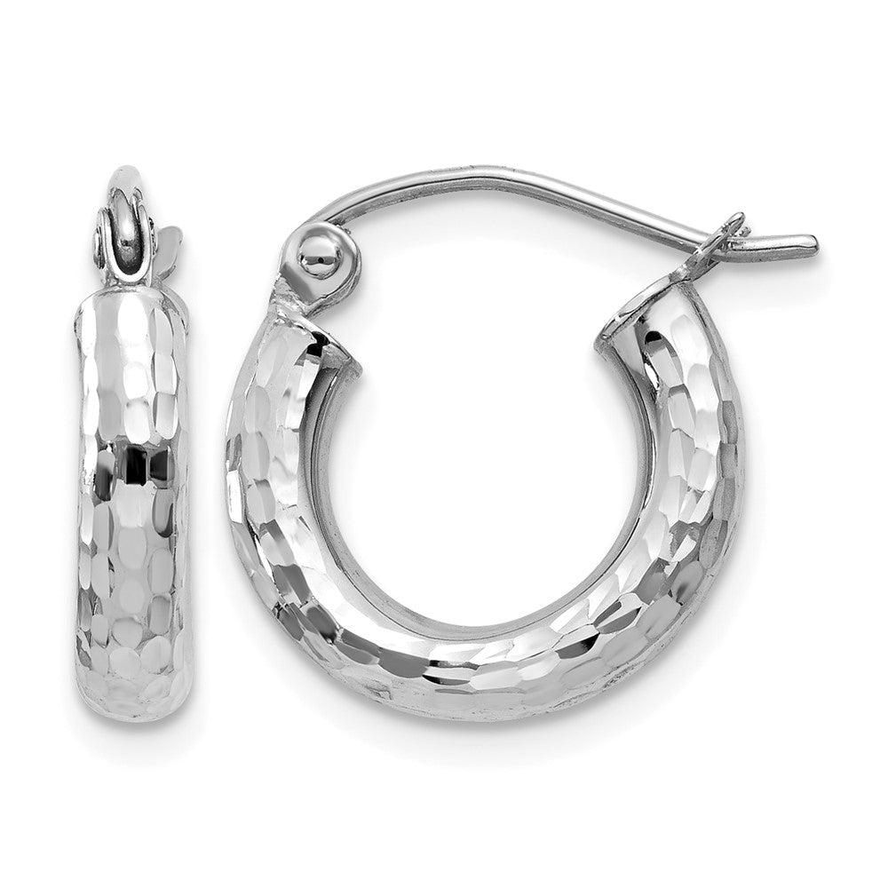 14k White Gold Diamond-cut 3mm Round Hoop Earrings