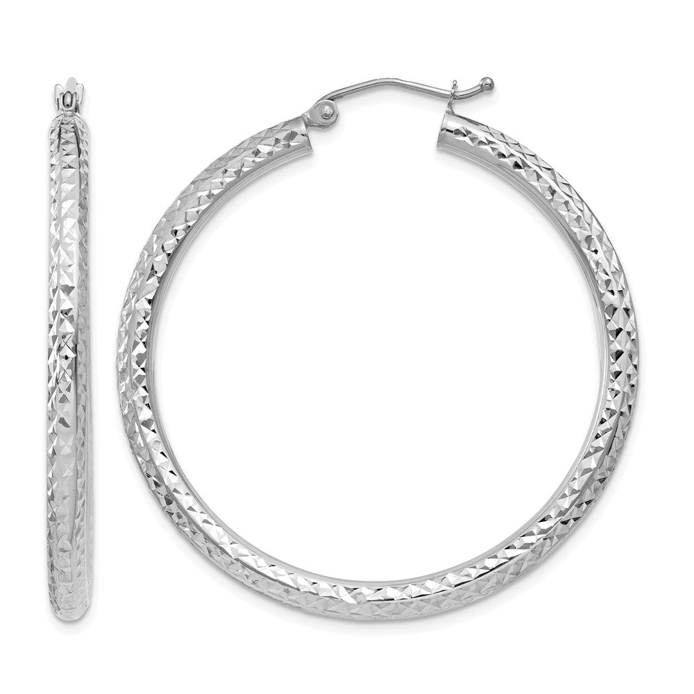 14k White Gold Diamond-cut 3mm Round Hoop Earrings
