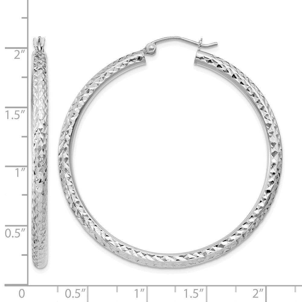 14k White Gold Diamond-cut 3mm Round Hoop Earrings
