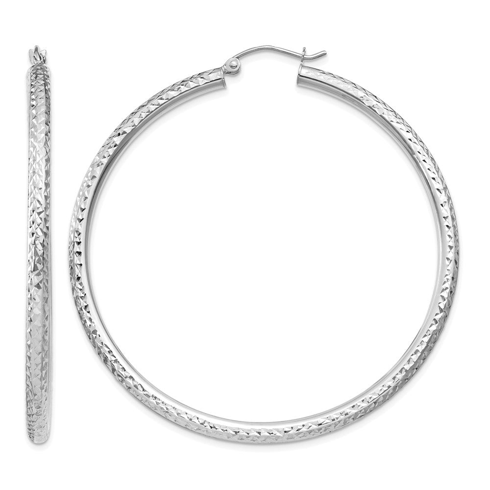 14k White Gold Diamond-cut 3mm Round Hoop Earrings