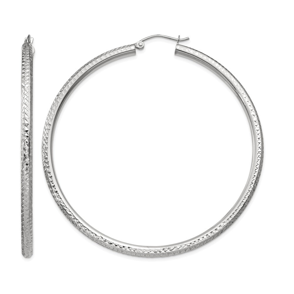 14k White Gold Diamond-cut 3mm Round Hoop Earrings
