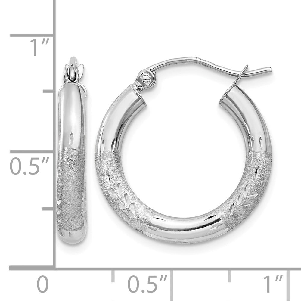 14k White Gold Satin and Diamond-cut 3mm Round Hoop Earrings