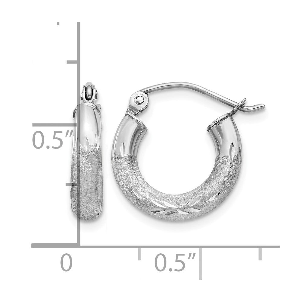 14k White Gold Satin and Diamond-cut 3mm Round Hoop Earrings