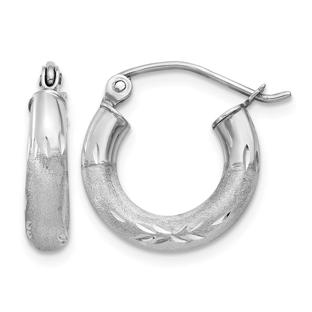 14k White Gold Satin and Diamond-cut 3mm Round Hoop Earrings