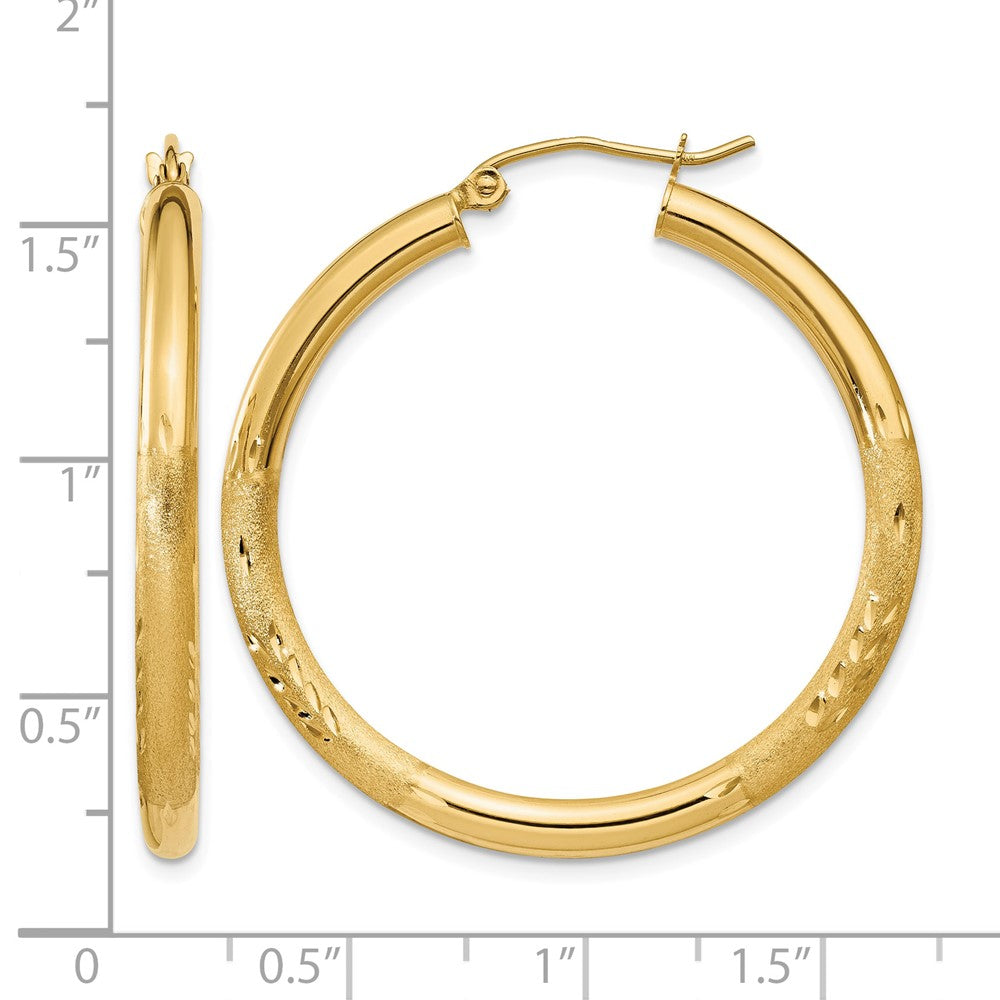 14k Satin and Diamond-cut 3mm Round Hoop Earrings