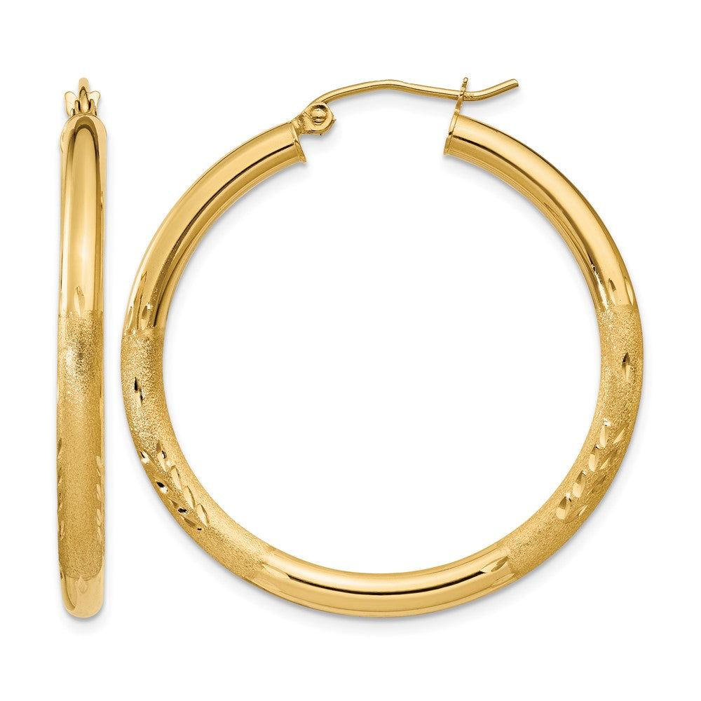 14k Satin and Diamond-cut 3mm Round Hoop Earrings