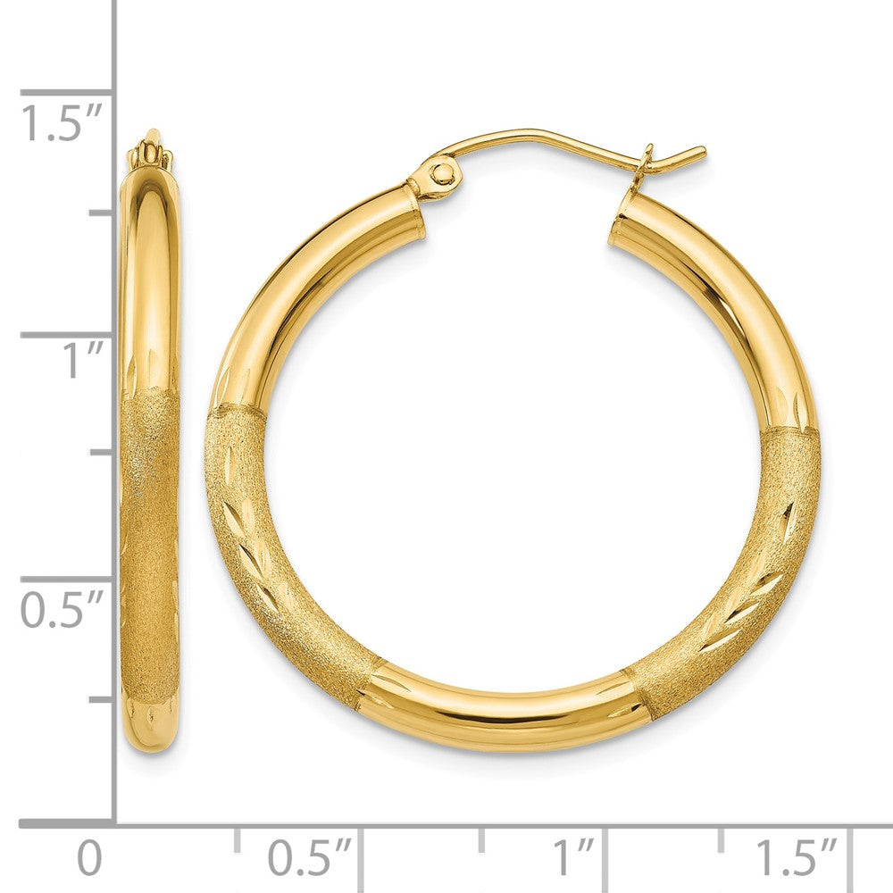 14k Satin and Diamond-cut 3mm Round Hoop Earrings