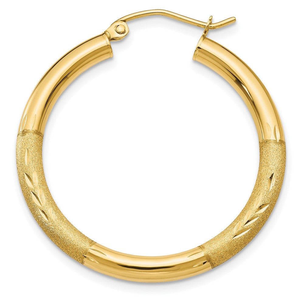 Single 14k Satin and Diamond-cut 3mm Round Hoop Earring