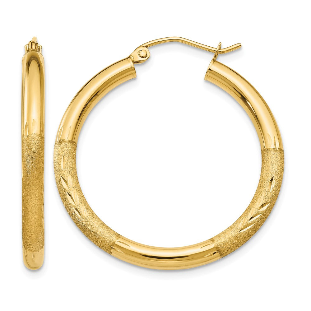 14k Satin and Diamond-cut 3mm Round Hoop Earrings