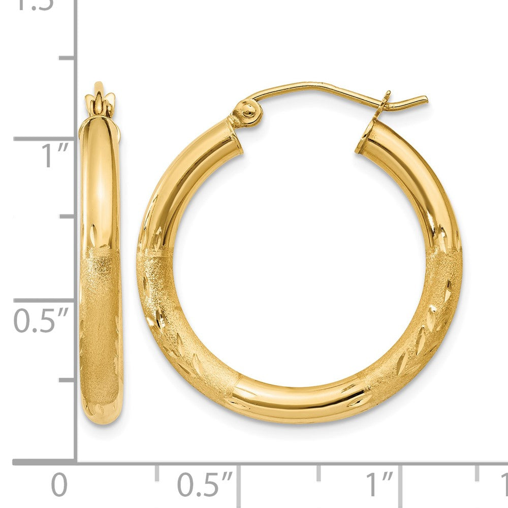 14k Satin and Diamond-cut 3mm Round Hoop Earrings