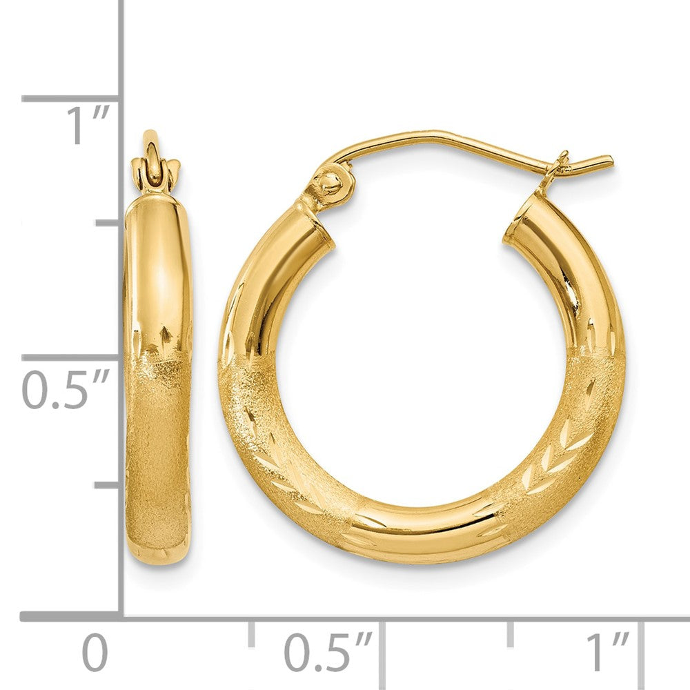 14k Satin and Diamond-cut 3mm Round Hoop Earrings