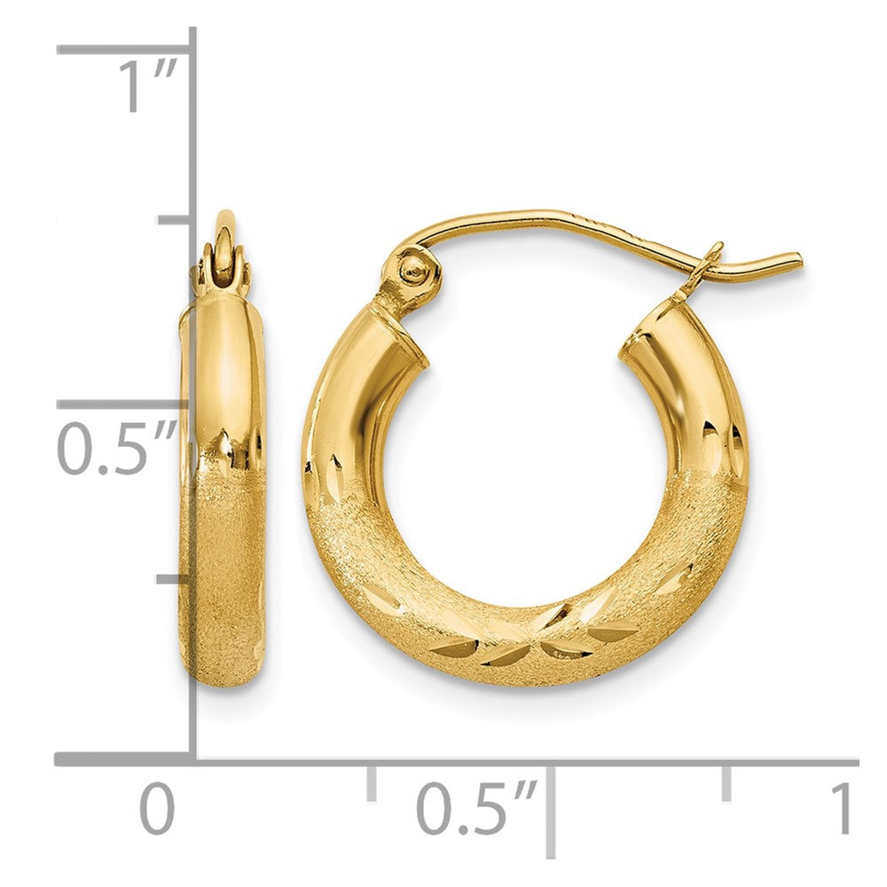 14k Satin and Diamond-cut 3mm Round Hoop Earrings