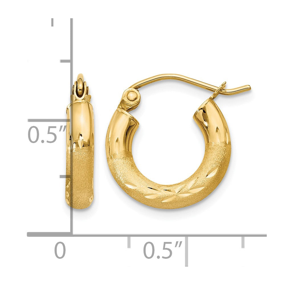 14k Satin and Diamond-cut 3mm Round Hoop Earrings