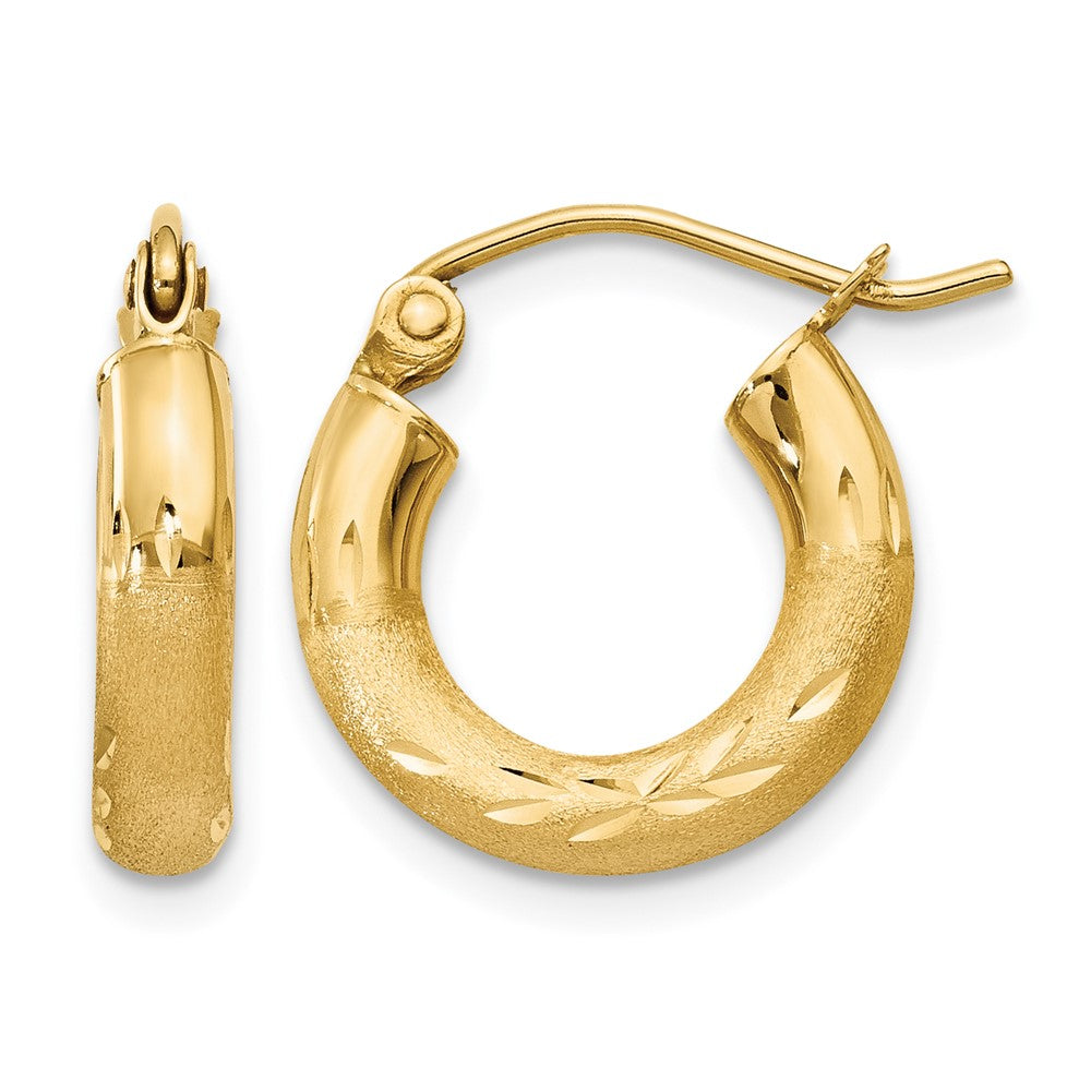 14k Satin and Diamond-cut 3mm Round Hoop Earrings