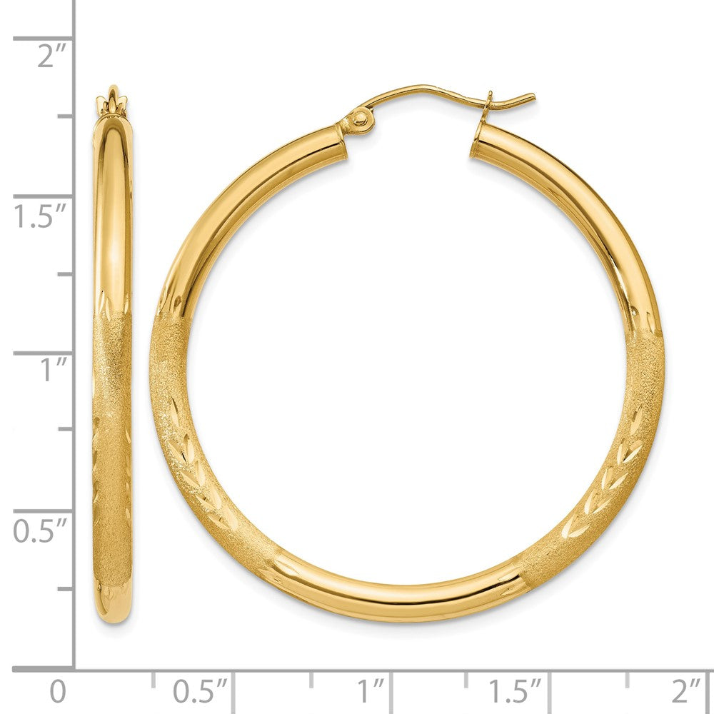 14k Satin and Diamond-cut 3mm Round Hoop Earrings