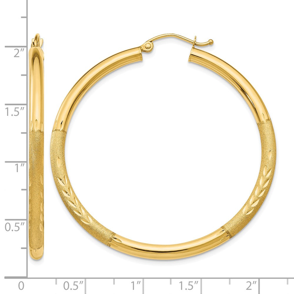 14k Satin and Diamond-cut 3mm Round Hoop Earrings