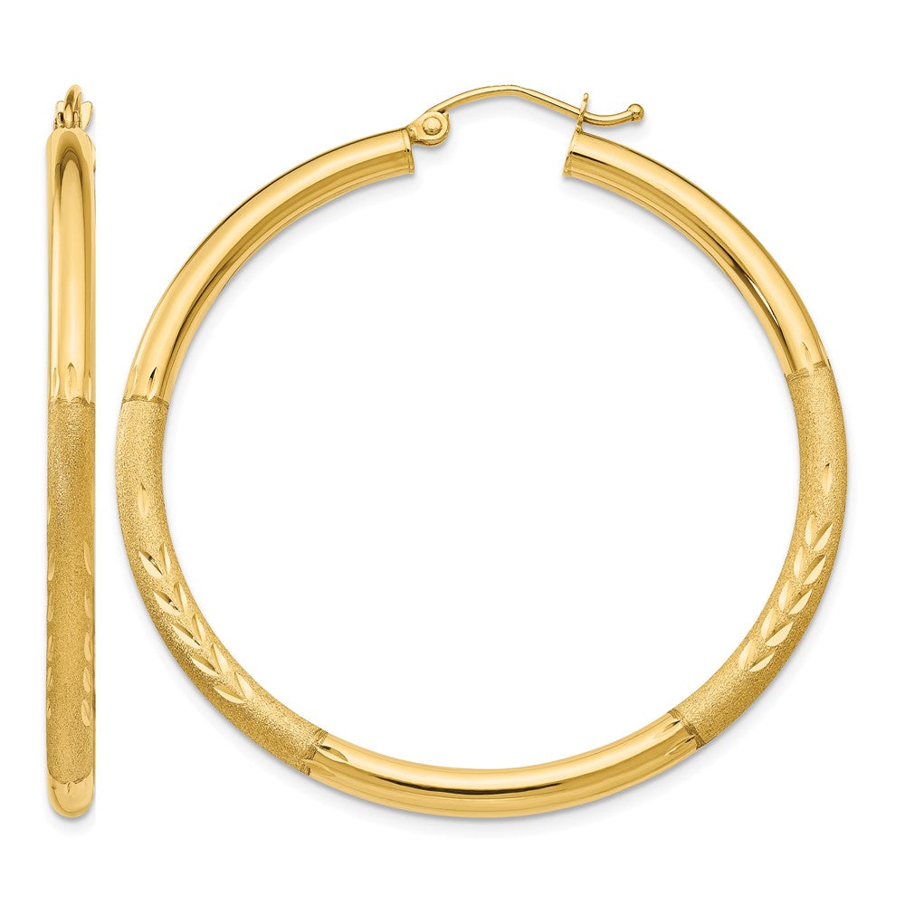 14k Satin and Diamond-cut 3mm Round Hoop Earrings