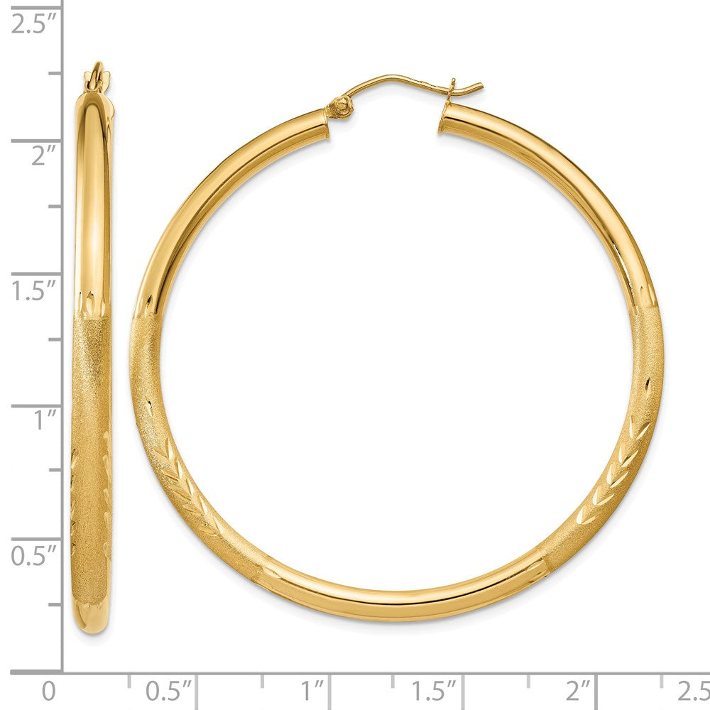 14k Satin and Diamond-cut 3mm Round Hoop Earrings