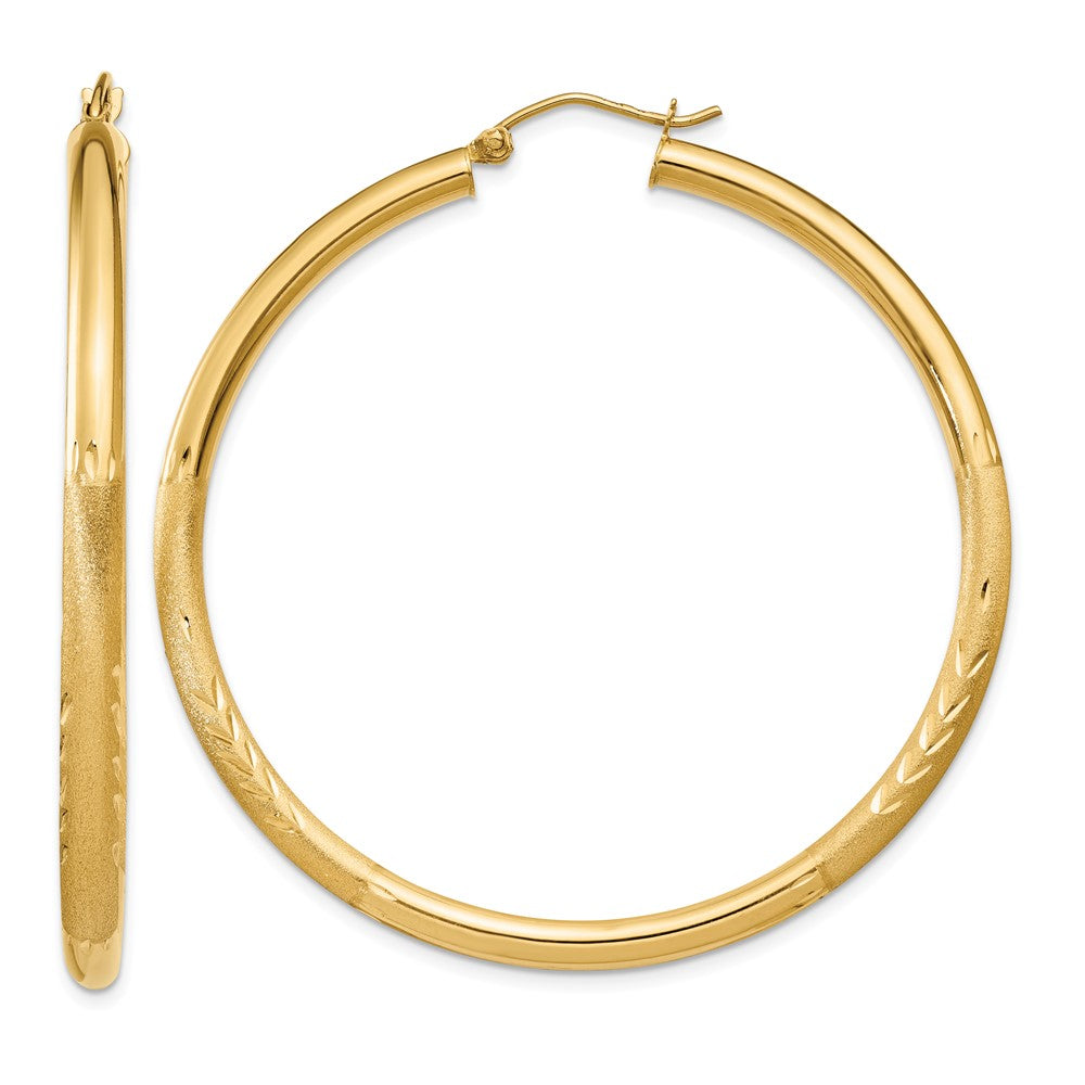 14k Satin and Diamond-cut 3mm Round Hoop Earrings