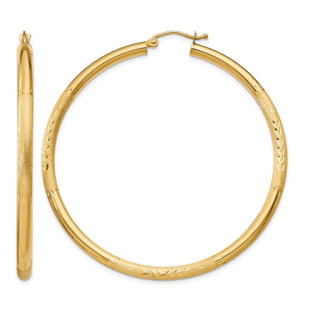 14k Satin and Diamond-cut 3mm Round Hoop Earrings
