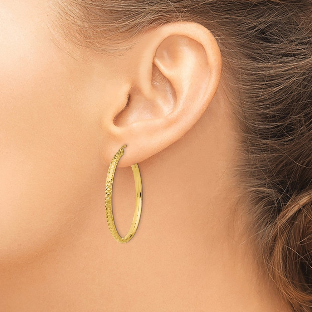 14K Diamond-cut 2.5x37mm Hollow Hoop Earrings