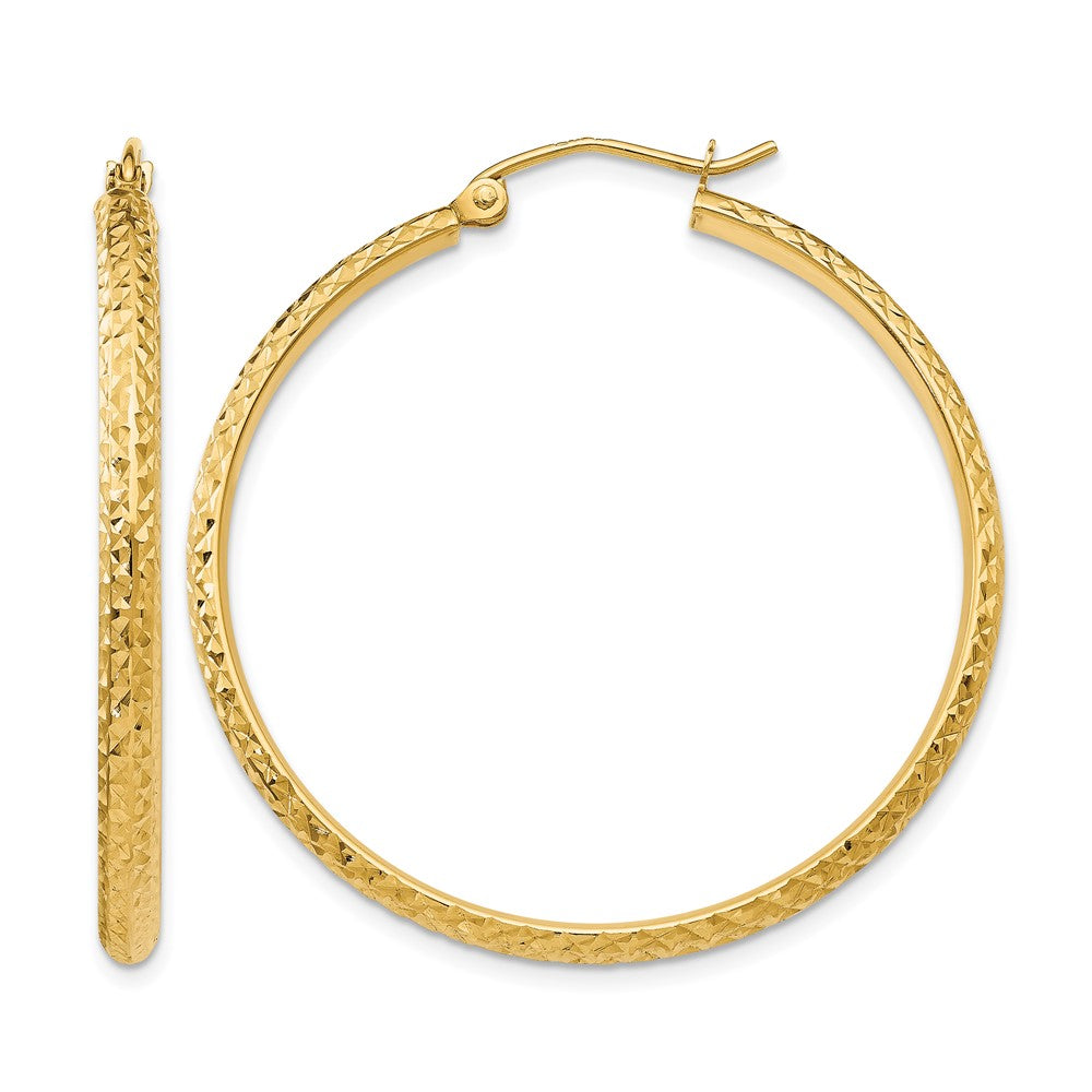 14K Diamond-cut 2.5x37mm Hollow Hoop Earrings