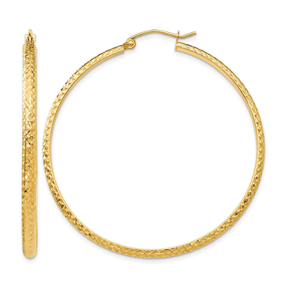 14K Diamond-cut 2.5x46mm Hollow Hoop Earrings