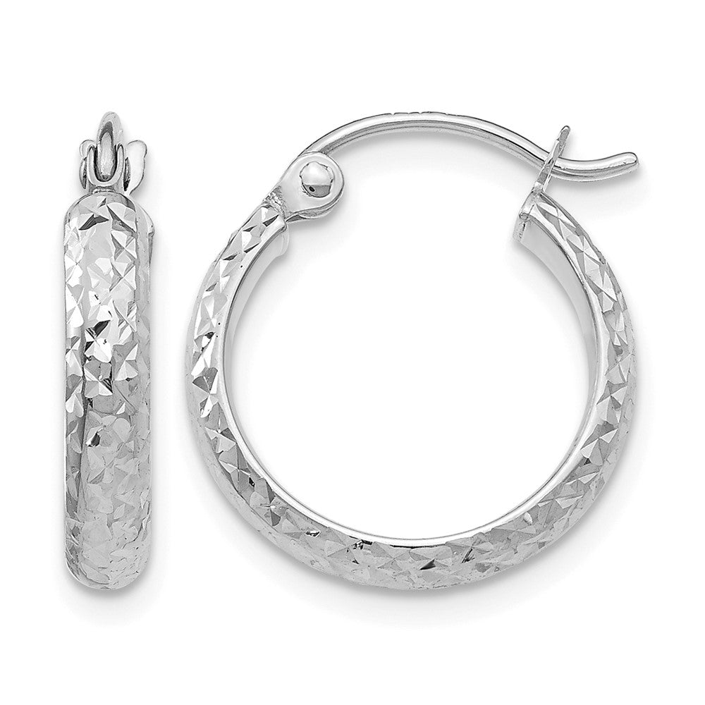 14K White Gold Diamond-cut 2.5x15mm Hollow Hoop Earrings