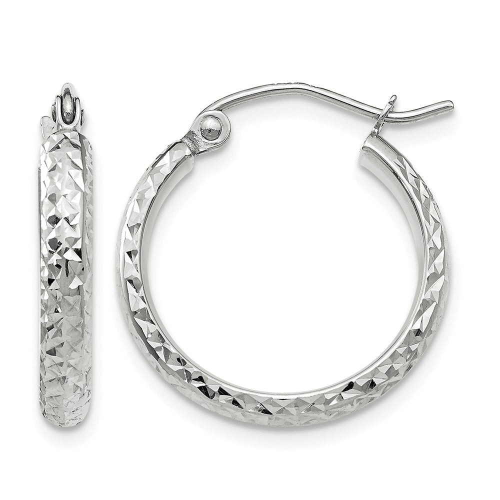 14K White Gold Diamond-cut 2.5x18mm Hollow Hoop Earrings