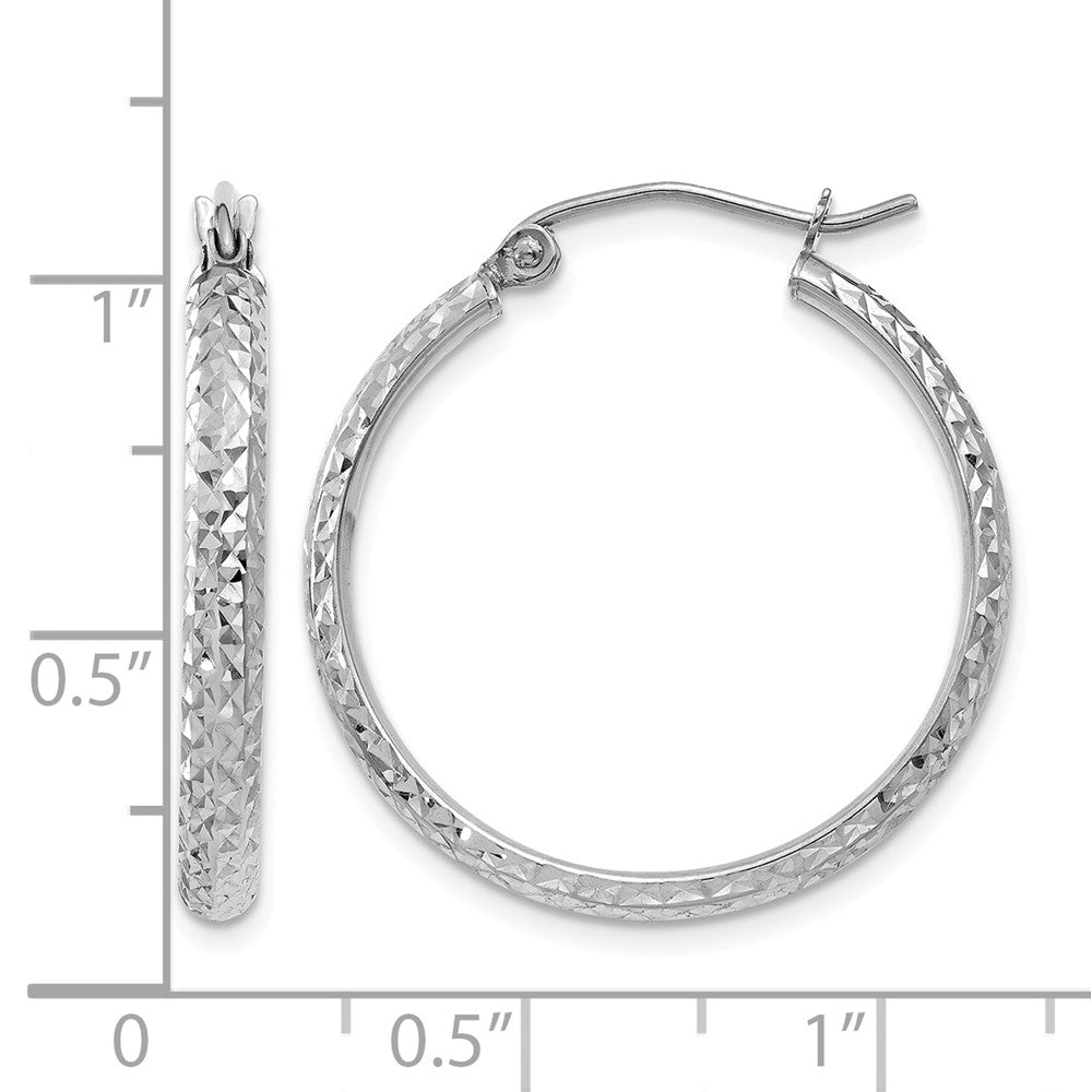 14K White Gold Diamond-cut 2.5x25mm Hollow Hoop Earrings