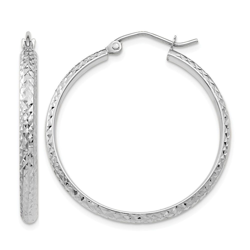14K White Gold Diamond-cut 2.5x30mm Hollow Hoop Earrings