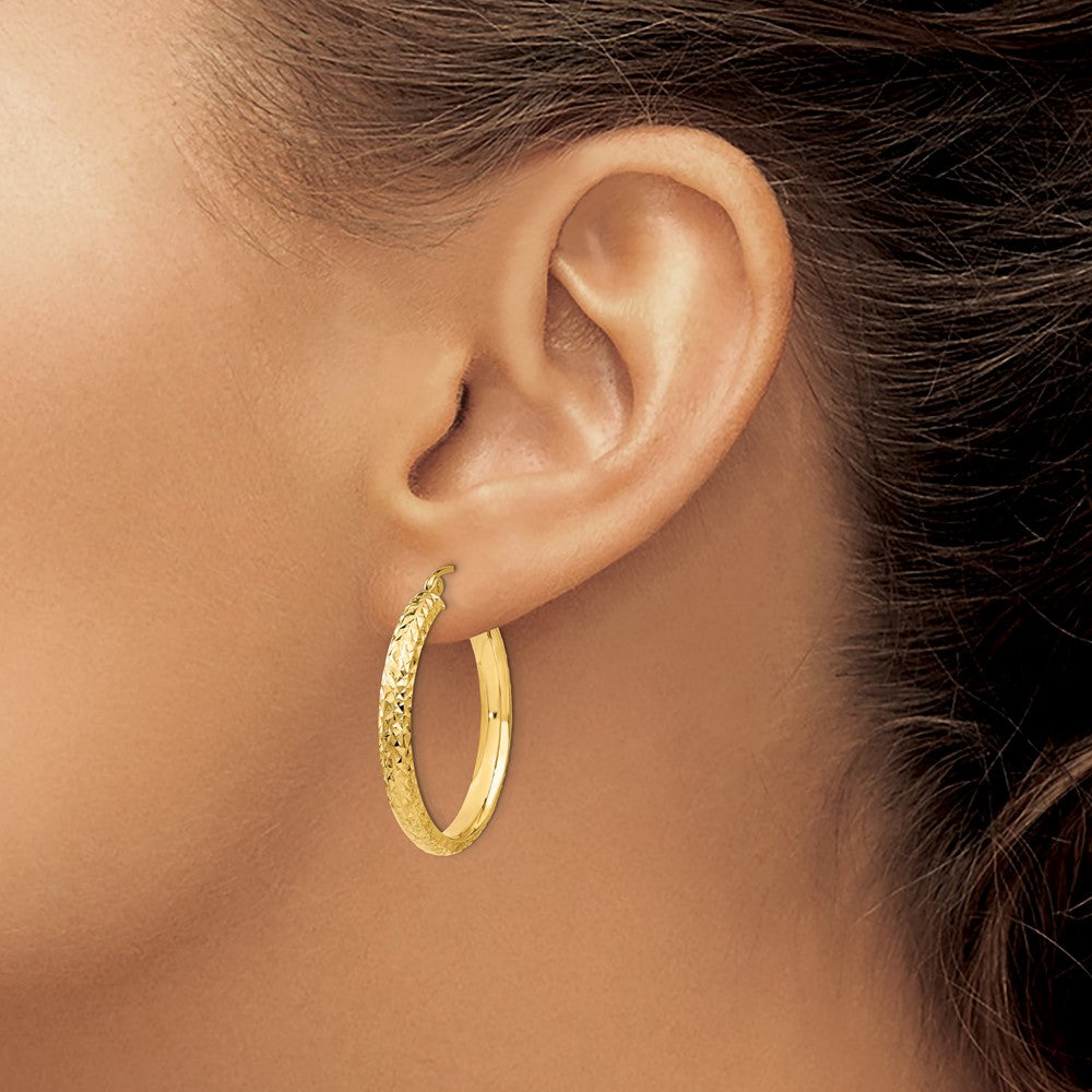 14K Diamond-cut 3.5x28mm Hollow Hoop Earrings