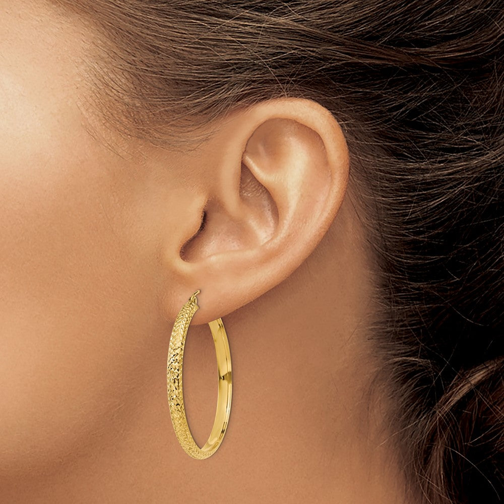 14K Diamond-cut 3.5x38mm Hollow Hoop Earrings